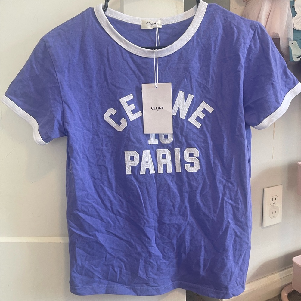Celine Blue and White Short Sleeve Tee